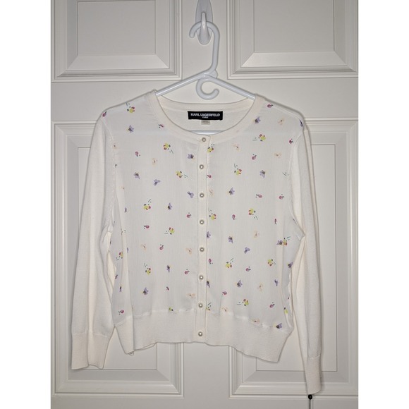 Karl Lagerfeld Paris Ivory Translucent Layered Floral Cropped Cardigan Large NWT - Picture 2 of 8